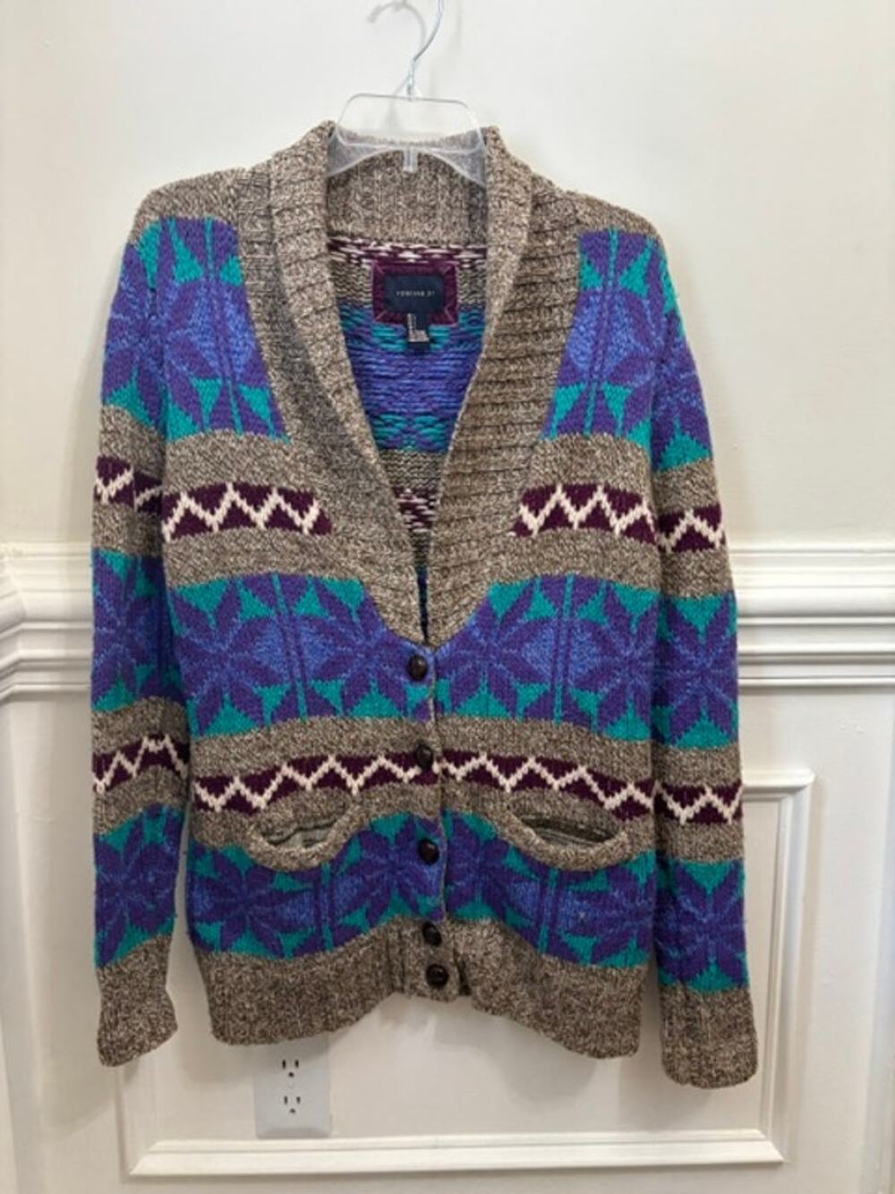 Y2K Forever 21 Fair Isle Shawl Collar Wool Cardigan Sweater Large